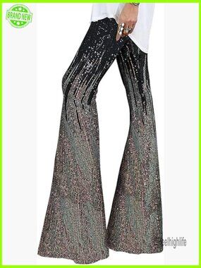 Women Sequins Wide Leg Pants High Waisted Flare Trousers Night Out